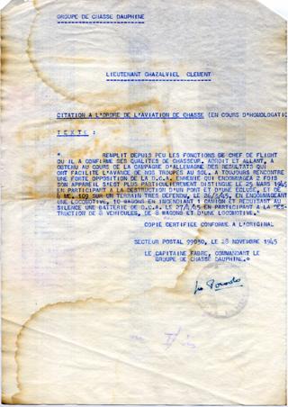 Citation  l'ordre de l'aviation de chasse de Clment CHAZALVIEL