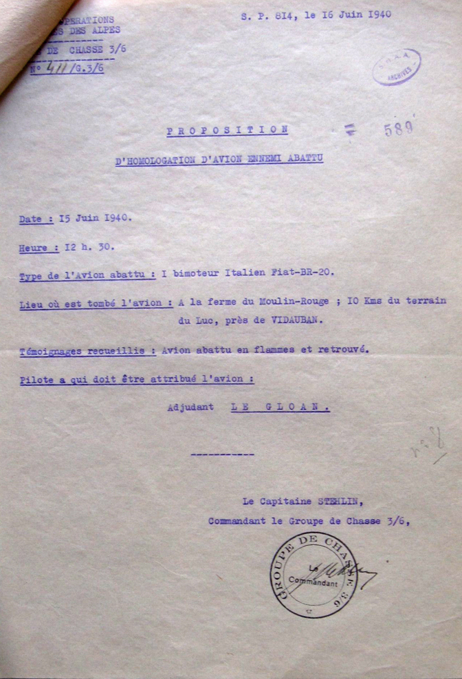 Note STEHLIN - Victoire LE GLOAN - ASSOLLANT - 15 juin 1940