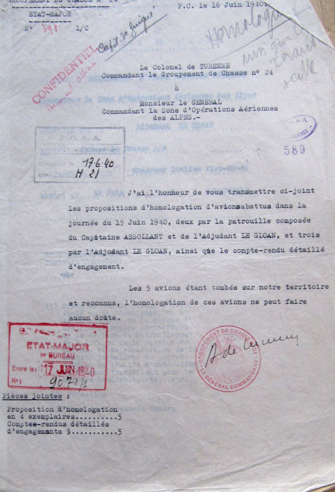 Note de TURENNE - Victoires LE GLOAN - ASSOLLANT - 15 juin 1940