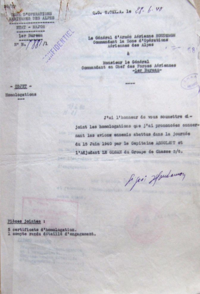 Note HOUDEMON - Victoires LE GLOAN - ASSOLLANT - 15 juin 1940