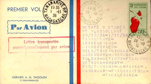 Premier courrier par avion  Madagascar - Assollant - 1936
