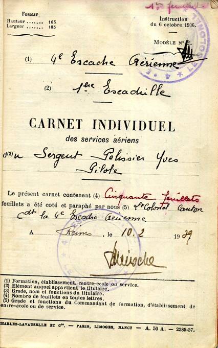 Carnet de vol de Robert Pélissier
