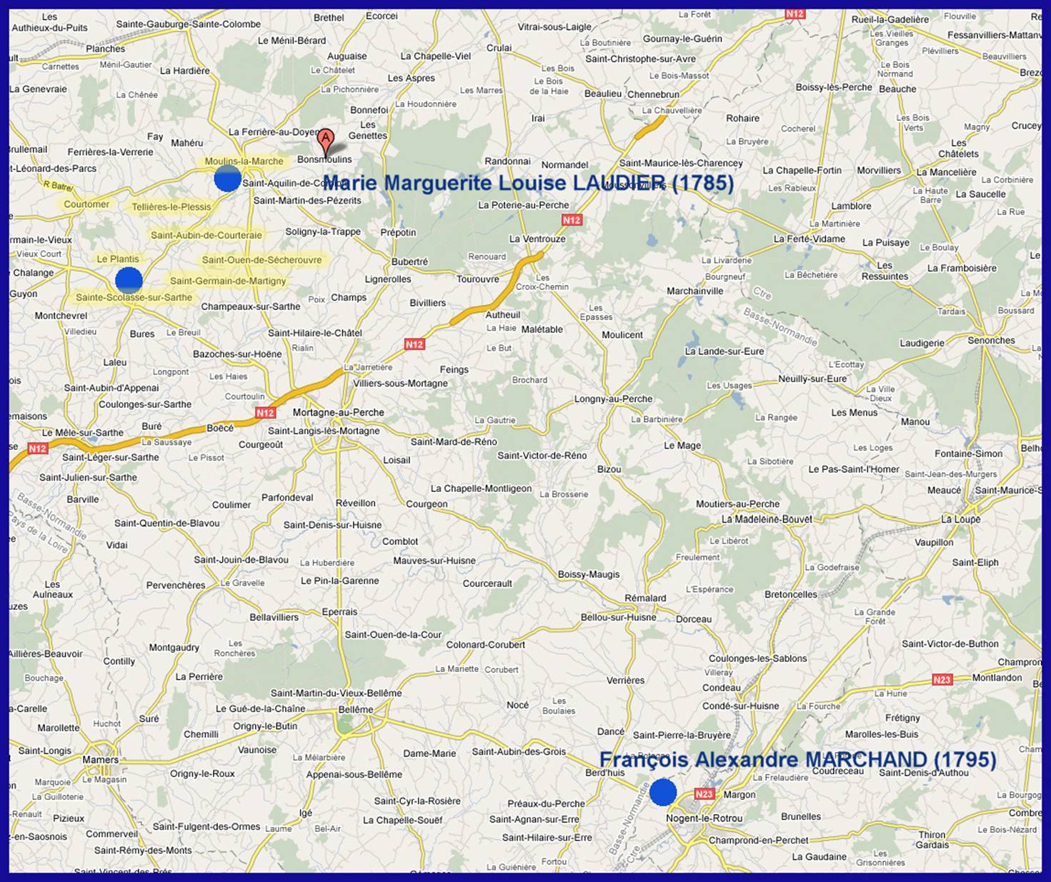 Carte des dpartement de l'Orne et de l'Eure et Loir : Sainte-Scolasse - Moulins la Marche - Nogent le Rotrou - Origine de Franois Alexandre MARCHAND et Marie Louise LAUDIER