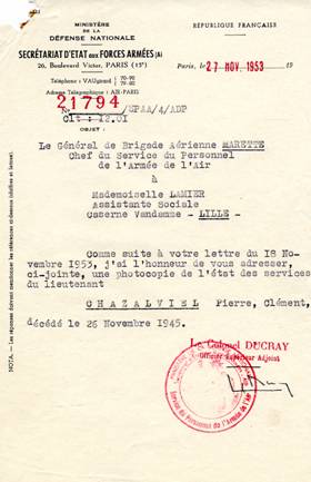 Lettre du Sécrétariat d'Etat des Forces Armées - Etats des services de Clément CHAZALVIEL