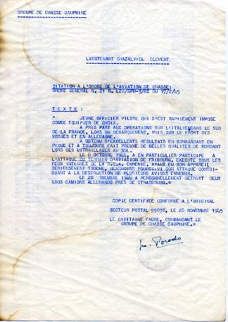 Citation à l'ordre de l'aviation de chasse de Clément CHAZALVIEL