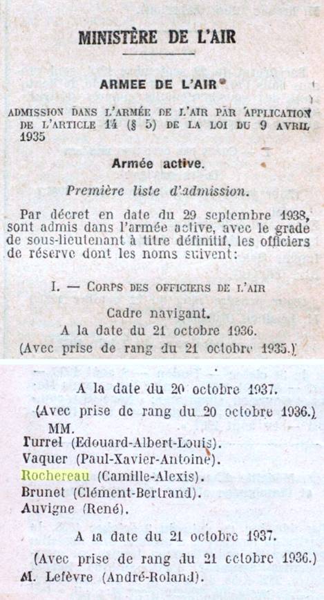 Journal officiel - Admission Camille ROCHEREAU dans l'Armée de l'Air
