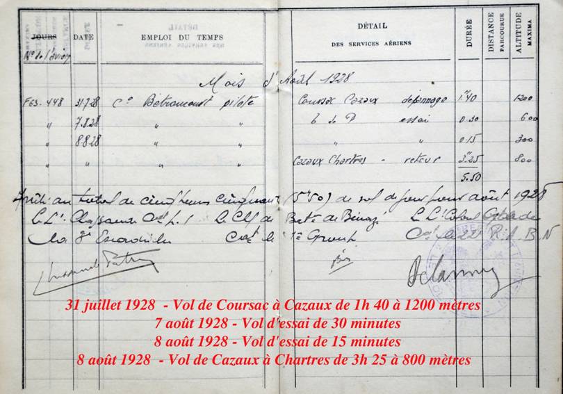 Carnet de vol de Jean BÉTRANCOURT