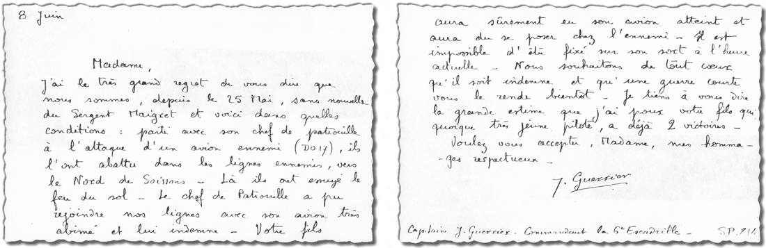 Lettre du capitaine GUERRIER à Madame MAIGRET