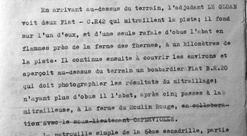 Fac similé de la page 245 de l'Historique du GC III/6 de 1956 - La mention rayée de la participatiopn du Lt CAPDEVIOLLE à l'ataque du BR20