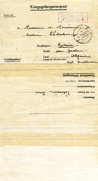 Lettre de Robert Pélissier à ses parents - Prisonnier en Allemagne