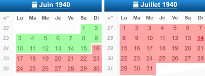 Calendrier juin et juillet 1940