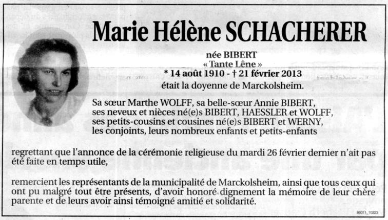 Décès de Hélène SCHACHERER/BIBERT